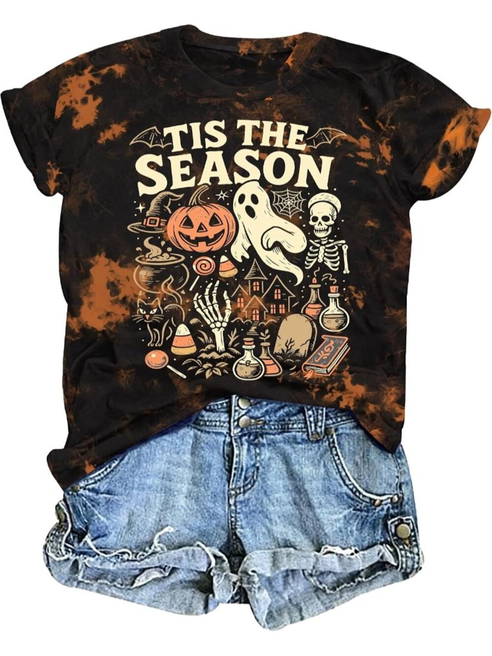 🆕 Womens Tis The Season Halloween Bleach Dye Short Sleeve Casual T Shirt
